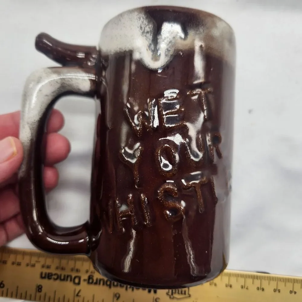 VTG Beer Mug Wet Your Whistle Went to P‎ Brown Ceramic Drip Glaze Cup Fun Gift